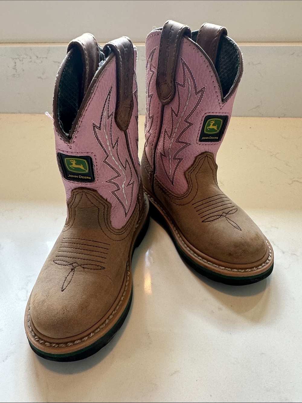 JOHN DEERE Pink & Brown Kids Western Pull-On Leather Boots